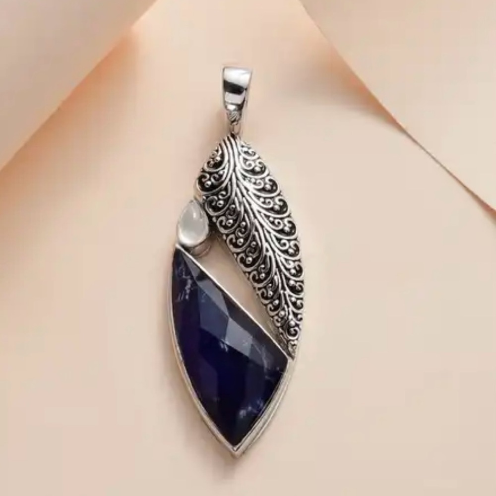 Sajen Silver Blue Solalite Quartz, Rainbow Moonstone Pendant.  NWT